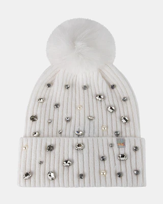 RHINESTONE RIB POM BEANIE NATURAL