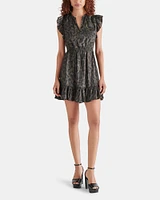 WASHED SATIN NOTCH NECK MINI DRESS GREEN MULTI