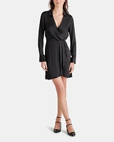 WASHED SATIN FAUX WRAP DRESS BLACK