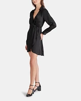 WASHED SATIN FAUX WRAP DRESS BLACK