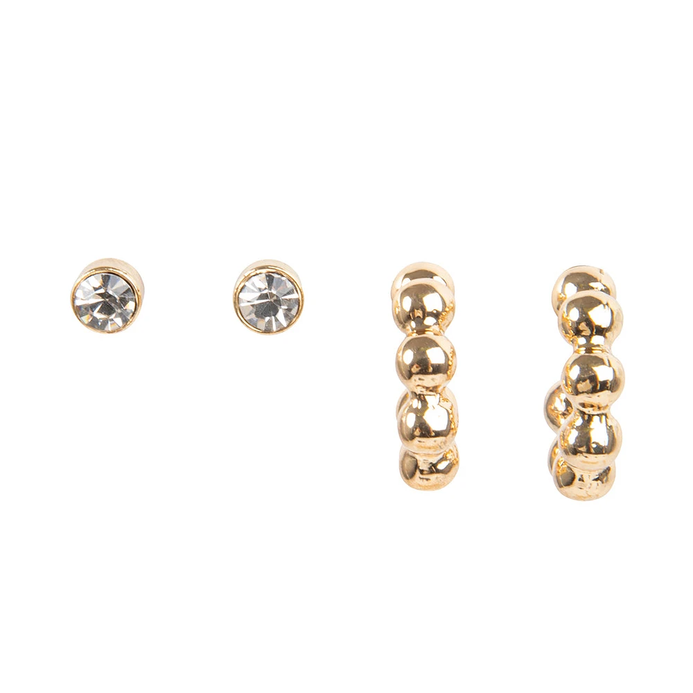 BALL HOOP HUGGIE EARRINGS SET GOLD