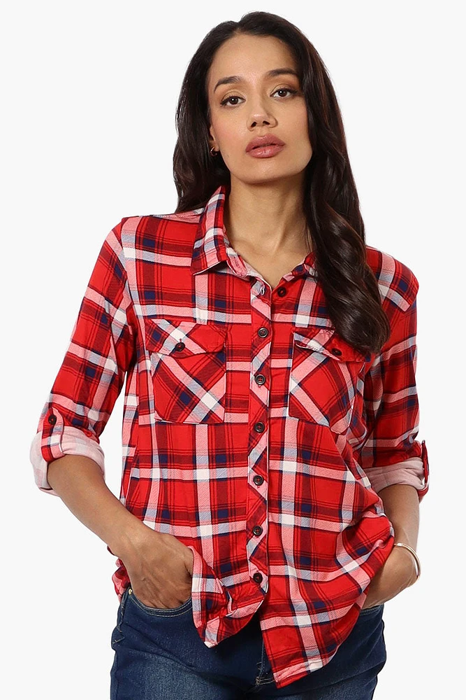 Urbanology Plaid Roll Up Sleeve Button Shirt - Red