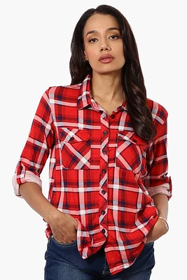 Urbanology Plaid Roll Up Sleeve Button Shirt - Red