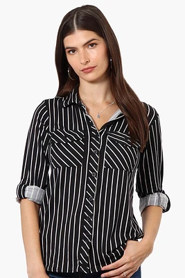 Urbanology Striped Roll Up Sleeve Button Shirt - Black