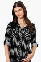 Urbanology Striped Roll Up Sleeve Button Shirt - Black