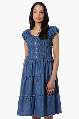 Impress Cap Sleeve Smocked Denim Day Dress