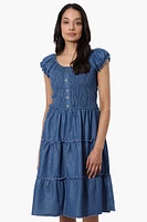 Impress Cap Sleeve Smocked Denim Day Dress