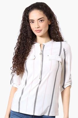 Beechers Brook Striped Roll Up Sleeve Half Zip Shirt - White