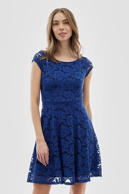 Costa Blanca Floral Lace Cap Sleeve Cocktail Dress - Blue