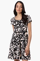 Runaway Bay Patterned Belted Skater Day Dress - Black
