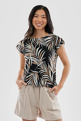 Beechers Brook Leaf Print Cap Sleeve Back Slit Tee