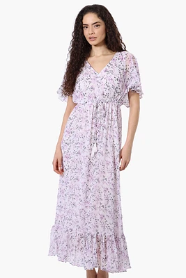 Limite Floral Tie Waist V-Neck Maxi Dress - Lavender