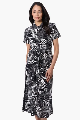 Beechers Brook Leaf Print Belted Button Down Maxi Dress - Black