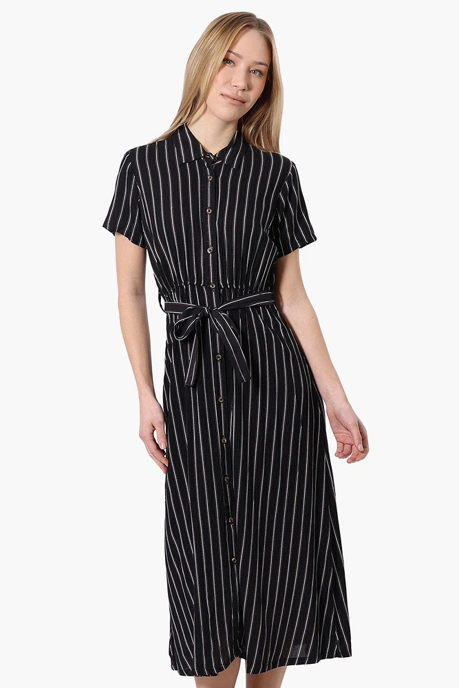 Beechers Brook Striped Belted Button Down Maxi Dress - Black