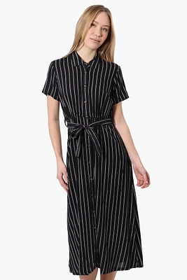 Beechers Brook Striped Belted Button Down Maxi Dress - Black