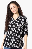 Beechers Brook Dotted Roll Up Sleeve Half Zip Blouse