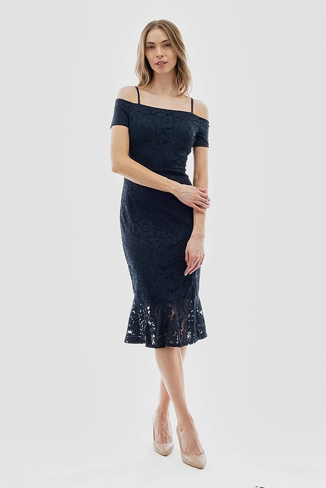 Costa Blanca Lace Off Shoulder Side Slit Cocktail Dress - Navy