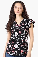 International INC Company Floral Ruffle Sleeve Tee