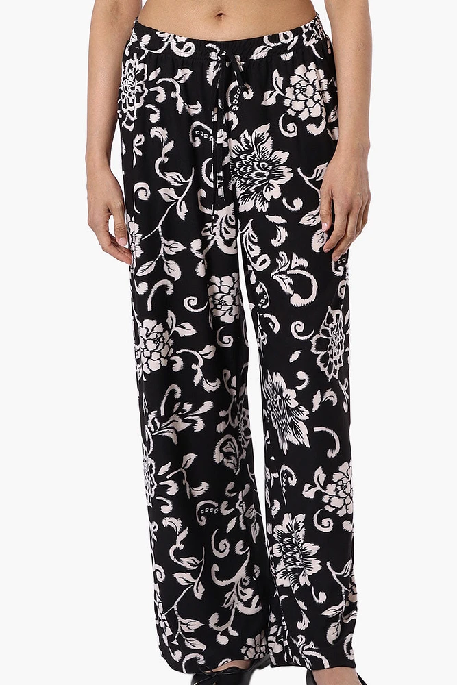 International INC Company Floral Tie Waist Palazzo Pants - Black