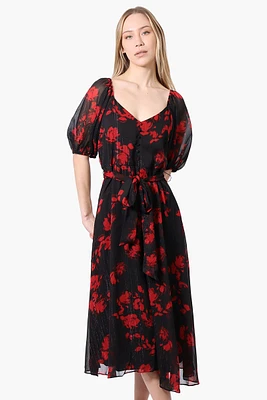 Limite Floral Puff Sleeve Belted Midi Dress