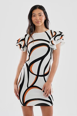 Costa Blanca Patterned Flutter Sleeve Scuba Cocktail Dress - White
