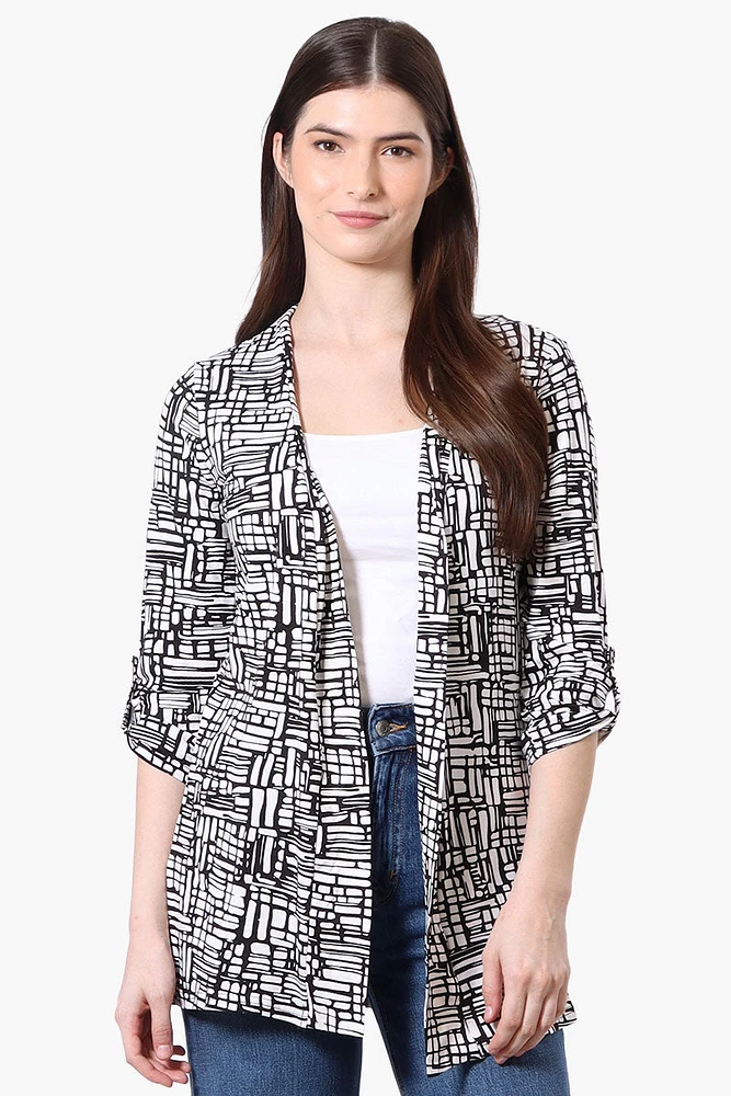 International INC Company Patterned Roll Up Sleeve Wrap Cardigan - White
