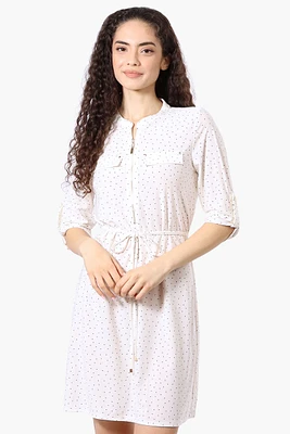 Beecher Brook Dotted Roll Up Sleeve Day Dress - White