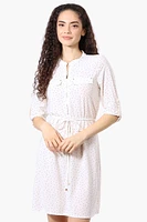 Beecher Brook Dotted Roll Up Sleeve Day Dress - White