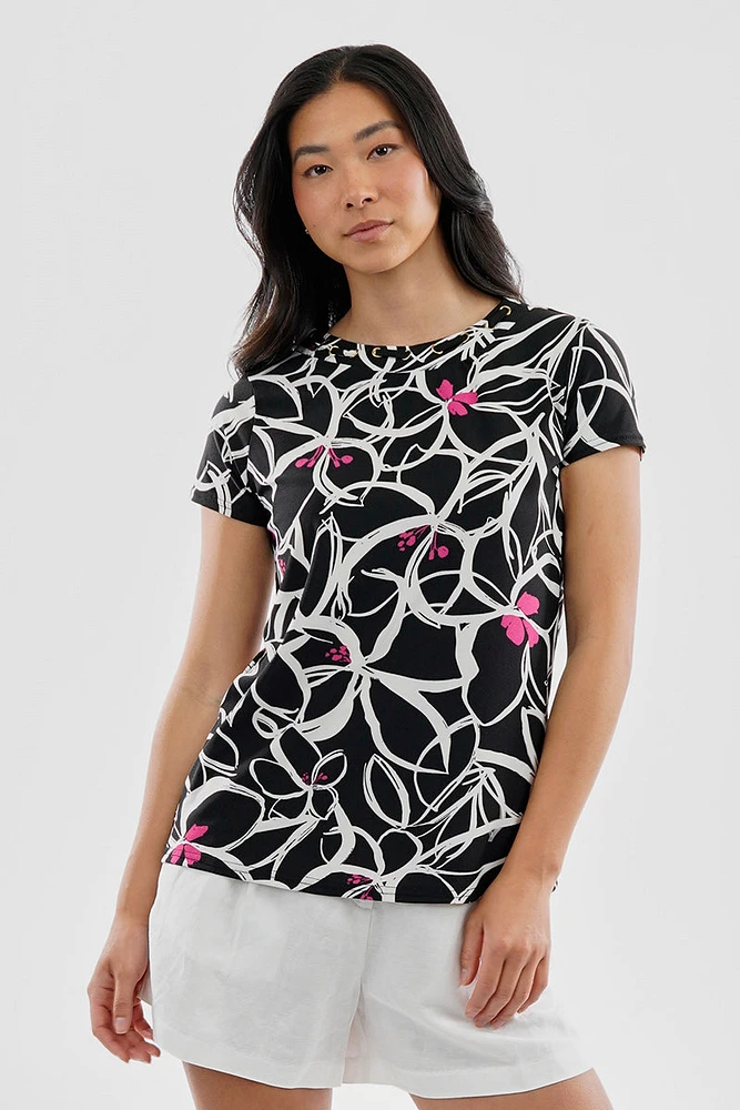 Beechers Brook Floral Grommet Neck Detail Tee - Black