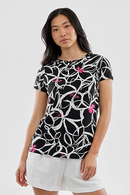 Beechers Brook Floral Grommet Neck Detail Tee - Black