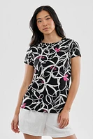 Beechers Brook Floral Grommet Neck Detail Tee - Black