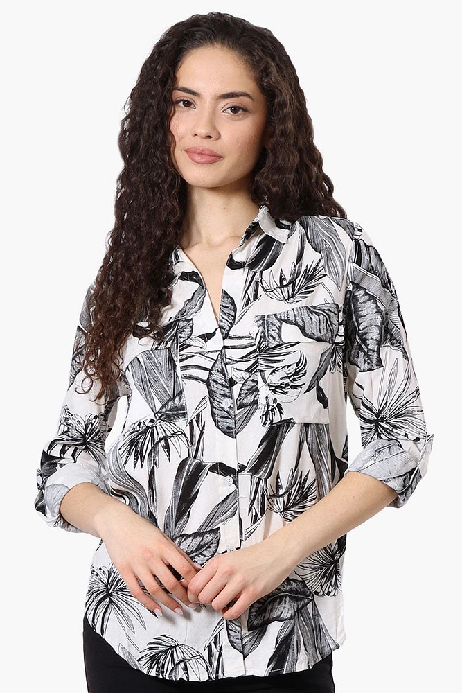 Beechers Brook Leaf Pattern Roll Up Sleeve Blouse - White