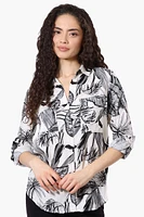 Beechers Brook Leaf Pattern Roll Up Sleeve Blouse - White