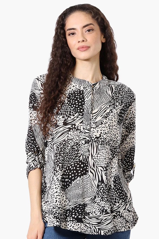International INC Company Patterned Hidden Button Blouse - Black