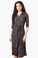 Beechers Brook Floral Button Up Belted Midi Dress - Black