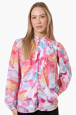 Limite Floral Mock Neck Sheer Blouse - Pink