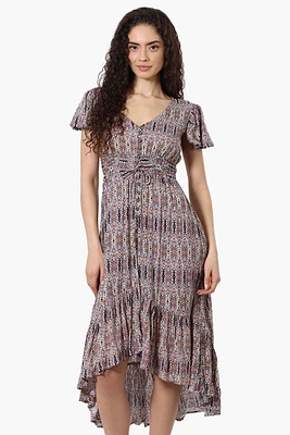 Limite Patterned Cinched Waist High Low Midi Dress - Multi