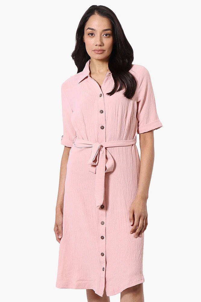 Urbanology Belted Roll Up Sleeve Day Dress - Pink