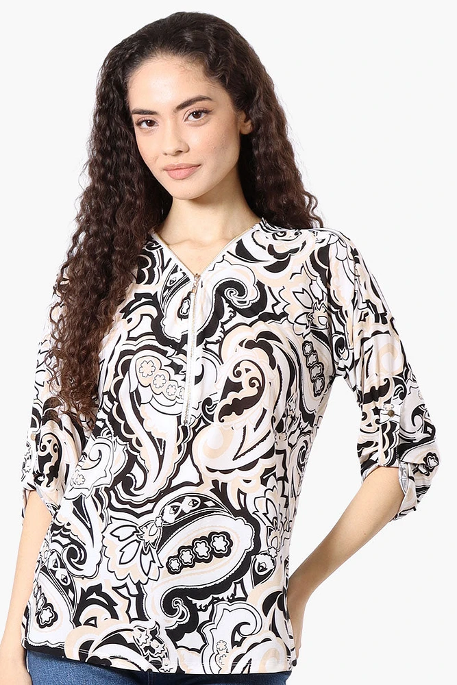 Beechers Brook Patterned Roll Up Sleeve Half Zip Blouse
