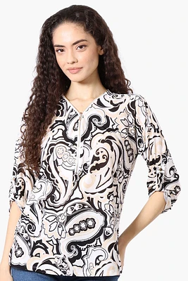 Beechers Brook Patterned Roll Up Sleeve Half Zip Blouse