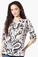Beechers Brook Patterned Roll Up Sleeve Half Zip Blouse