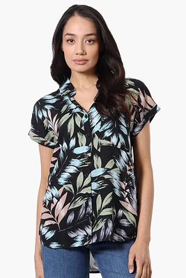Majora Leaf Print Button Down Shirt - Black