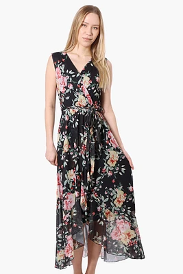 Costa Blanca Floral Crossover Belted Maxi Dress - Black