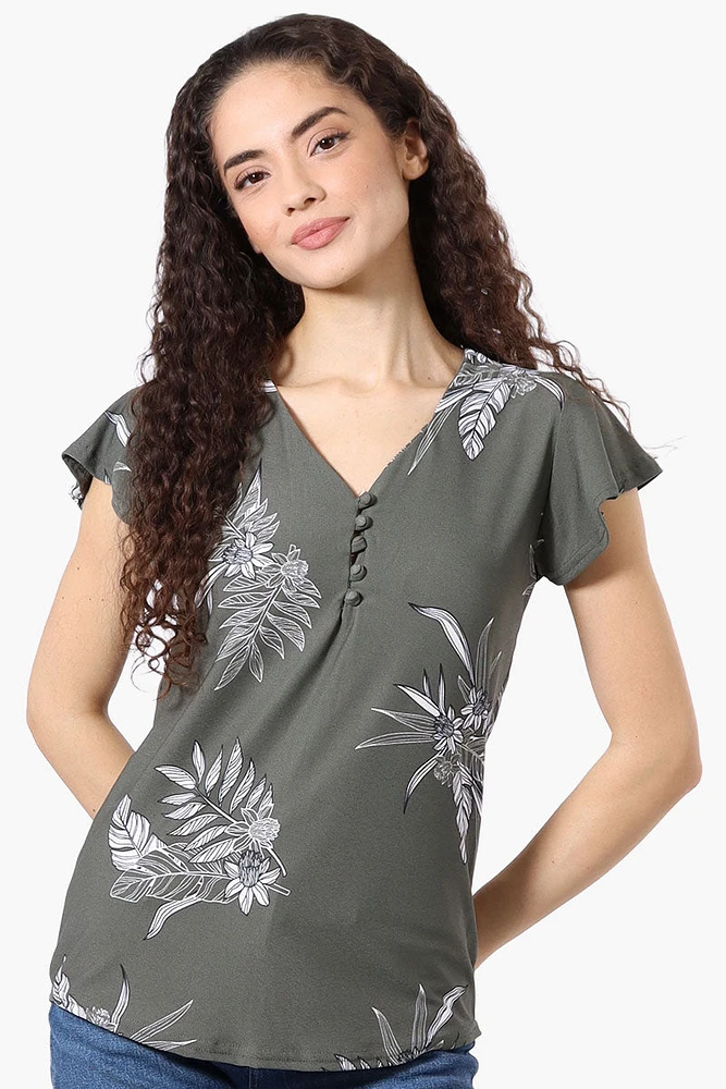 International INC Company Floral Ruffle Sleeve Tee - Olive