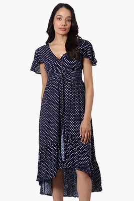 Limite Square Pattern Cinched Waist High Low Midi Dress - Navy