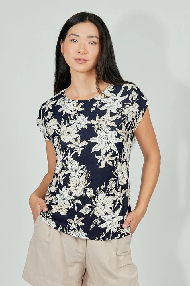 Beechers Brook Floral Circle Neck Tee - Navy