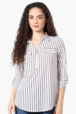 Beechers Brook Striped Roll Up Sleeve Half Zip Blouse - White