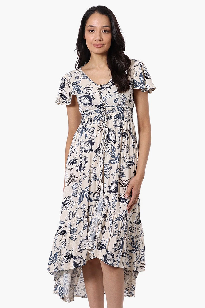 Limite Floral Cinched Waist High Low Midi Dress - Cream