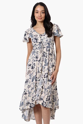 Limite Floral Cinched Waist High Low Midi Dress - Cream