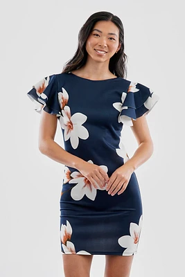 Costa Blanca Floral Flutter Sleeve Scuba Cocktail Dress
